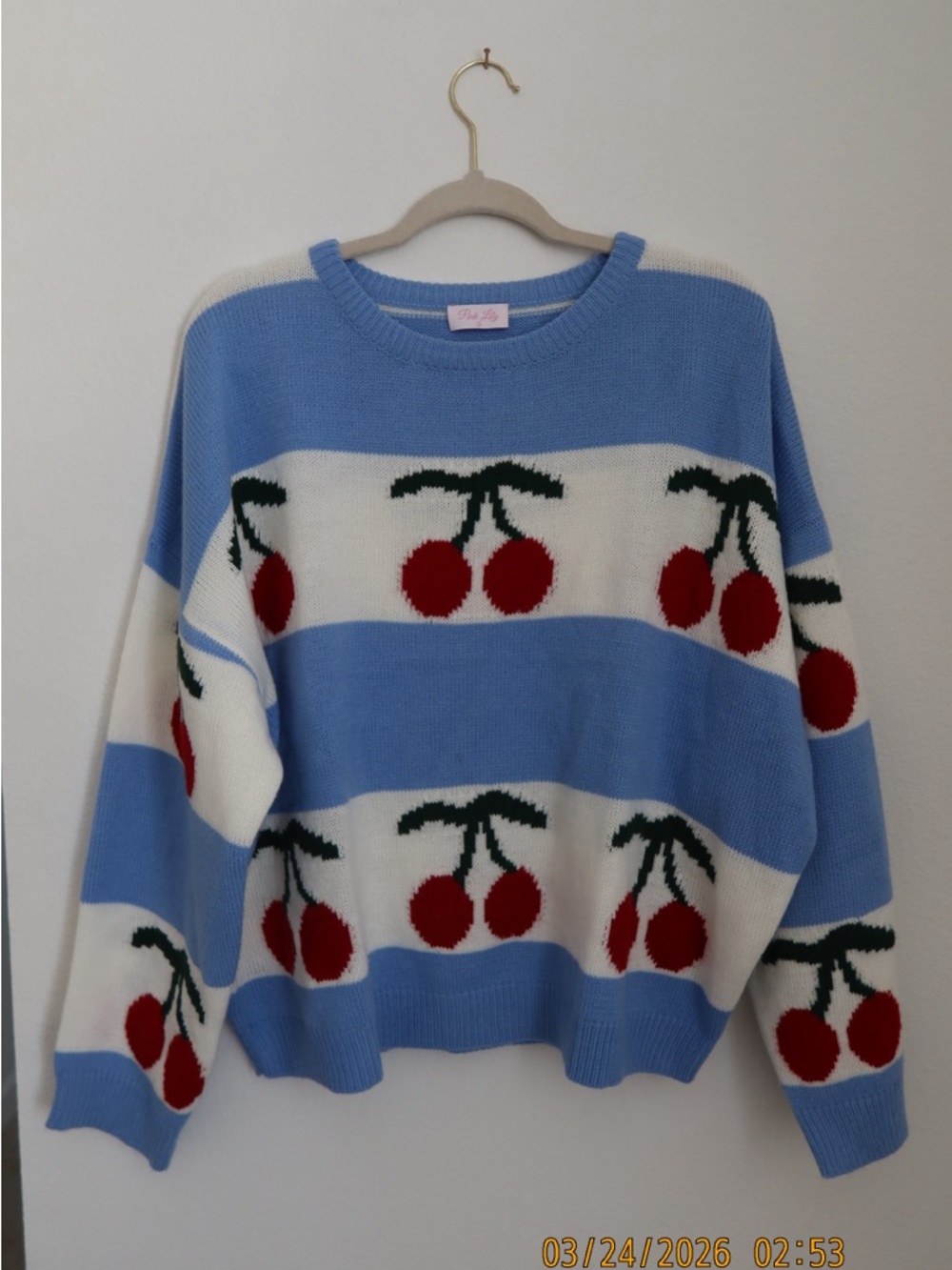 Pink Lily Blue and White Cherry Print Crewneck Sweater